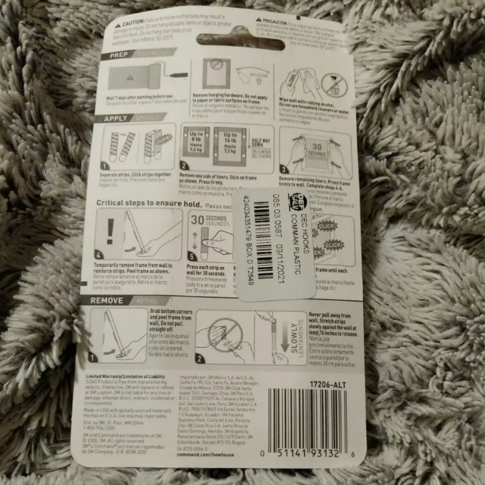 3/$15.00 3M Command Large Picture Hanging Strips 4 Pairs-Holds 16 Lbs NIB.